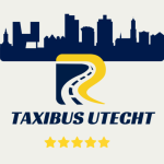 Logo van Taxibus Utrecht met op de achtergrond de skyline van Utrecht